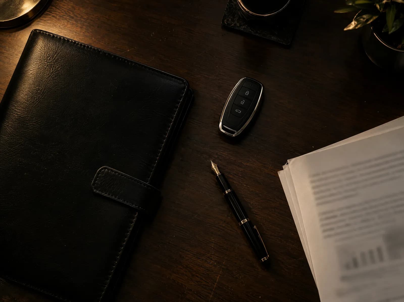 A car key and pen beside a signed agreement