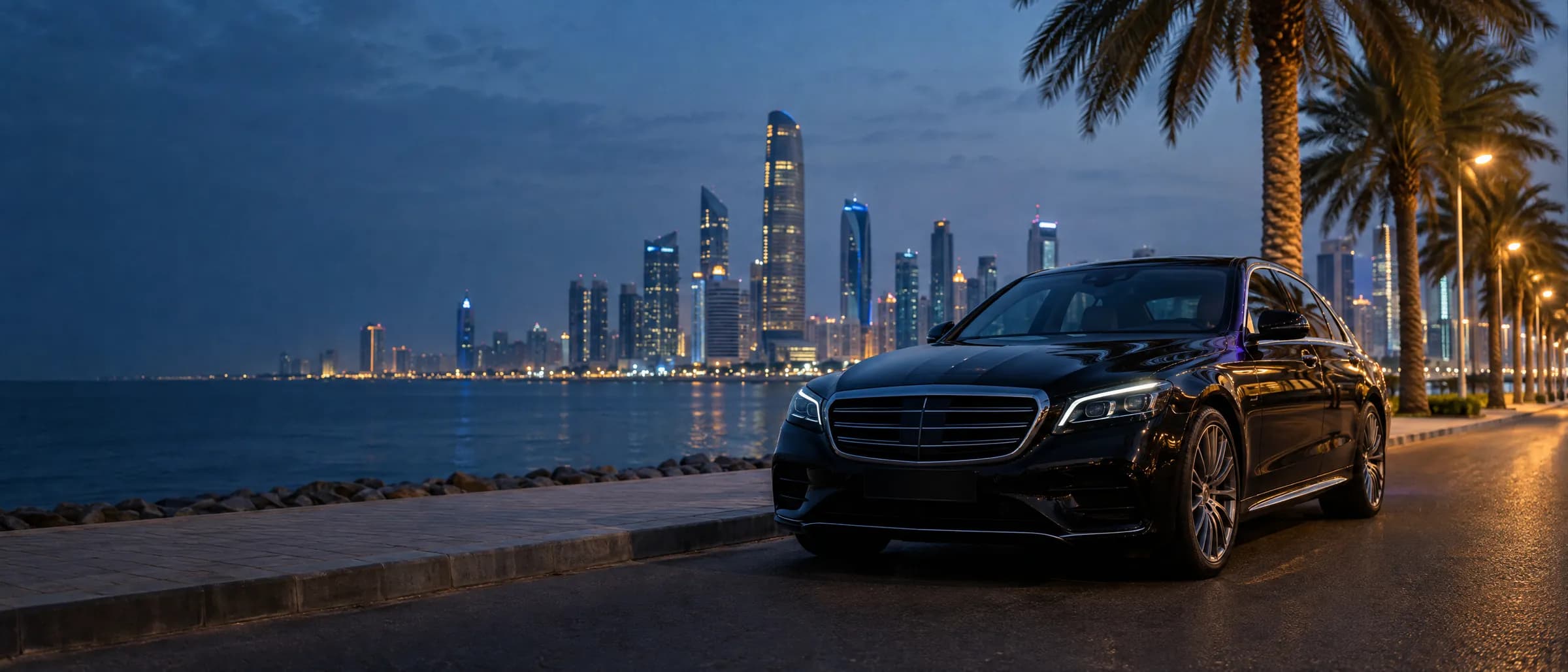 A black executive sedan on an Abu Dhabi waterfront at dusk